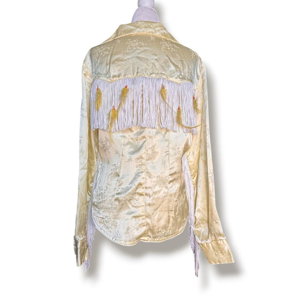 Vintage Butter Yellow Satin Fringe Floral Western Shirt Feather Rodeo Festival - Picture 4 of 11
